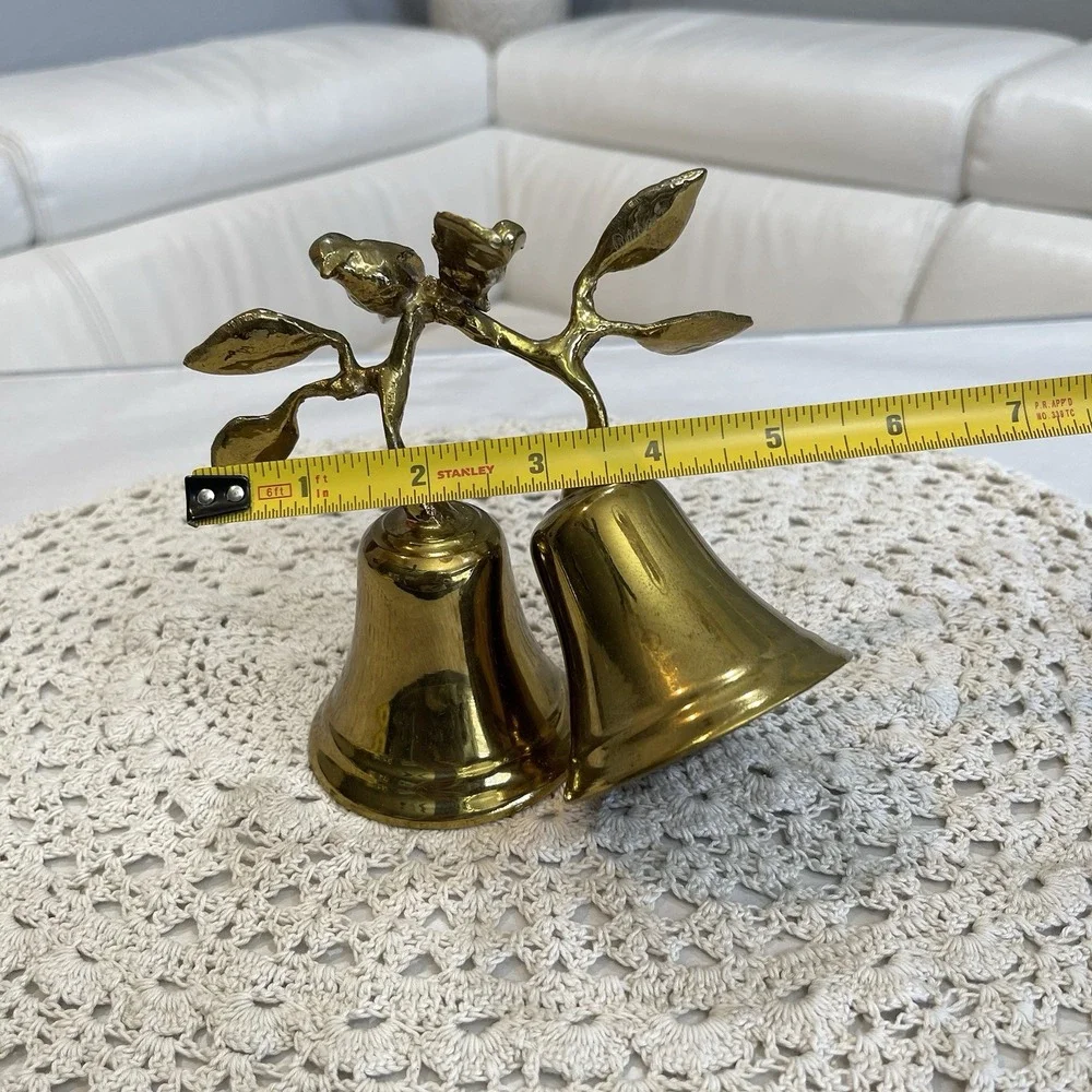 Vintage Signed Brass Double Bell Birds Branch Mid Century Modernist Decorative